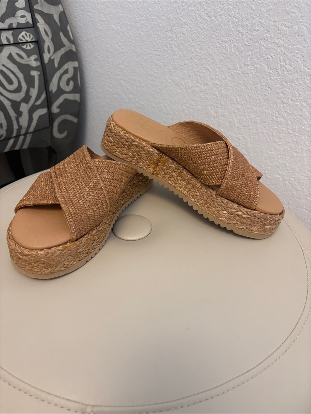 Woven Crisscross Platform Slide Sandals - Tan